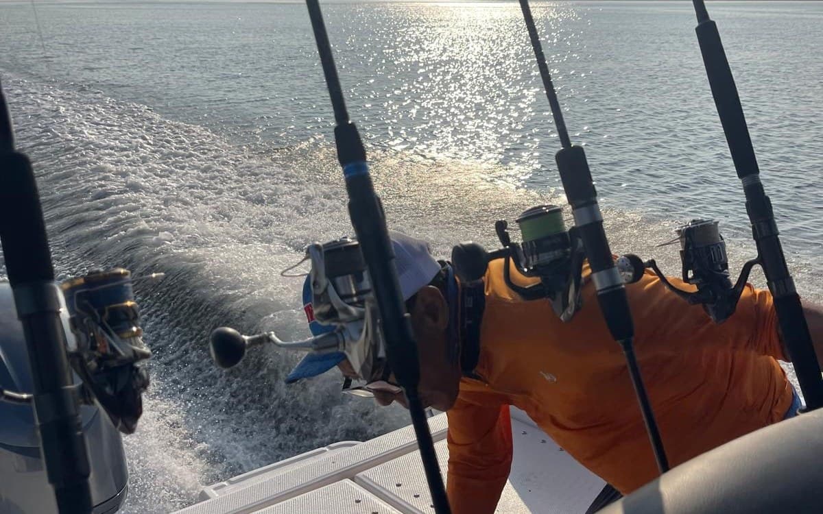 Rods standing in the holders and the wake running back toward the horizon at low sun.